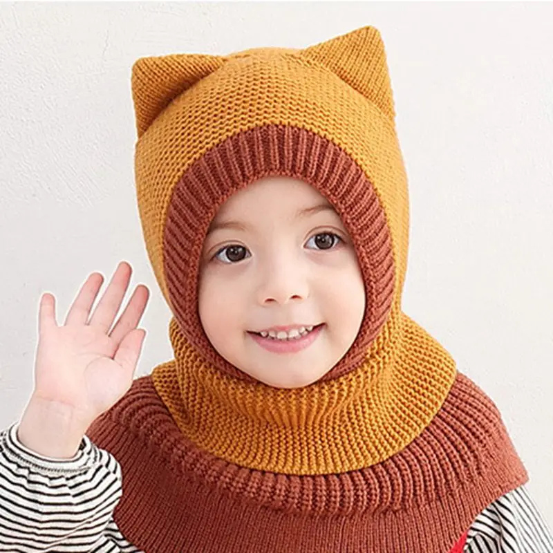 Детская зимняя шапка детские шапки шарф сиамская шапка Осенняя шапка вязаные детские шляпы для девочек и кепки для мальчиков бархатная теплая защищающая от ветра шапка - Цвет: Цвет: желтый