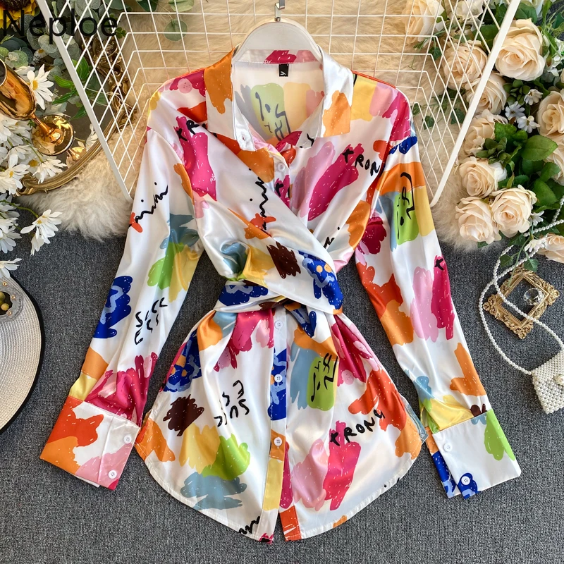 Neploe Tie Dye Satin Shirts Women Fashion Turn Down Collar Single Breasted Blouse Irregular Lace 