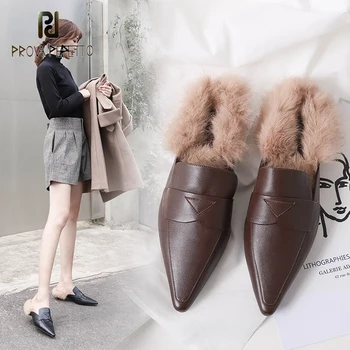 

Genuine Leather Mules Shoes for Fall/winter 2020 New Slingbacks Fluffy Slippers Shearling Pointed Toe Low-heeled Shoes Women