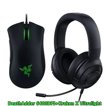 Модернизированные сверхлегкие наушники razer Kraken X с микрофоном, игровая мышь razer DeathAdder 6400 dpi для ПК/ноутбука/телефона геймера