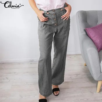 

2020 Celmia Women Fashion High Elastic Waist Harem Pants Casual Trousers Long Palazzo Button Vintage Linen Pantalons Femme S-5XL