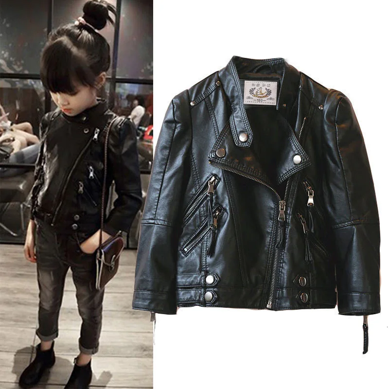 Teeange Girl Leather Jackets 2019 Autumn Children Western Style Short Coat Child Girls Motorcycle Jacket Pink Black 3-16 years | Детская