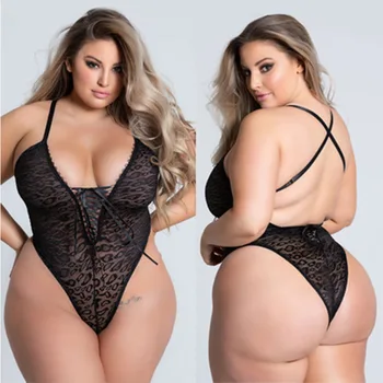 

Sexy Hollow Lingerie Set Plus Size Women Lace Deep V Erotic Sexy Bra Set Perspective One Piece Lingerie Halter Open Bra Bodysuit