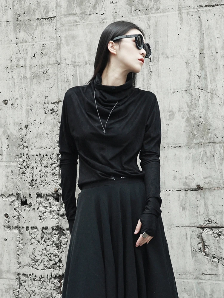 Черный Новинка Primavera Verano negro нерегулярные cuello alto guantes largos mangas ajustado camisa mujer moda marea salvaje - Цвет: Черный