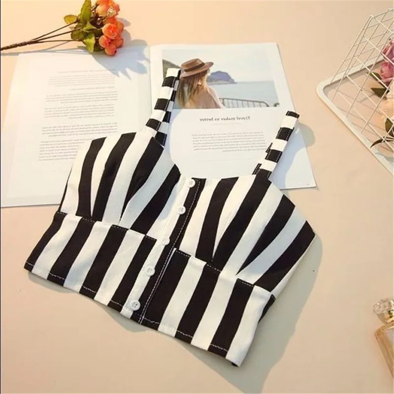 black striped Женский короткий топ, топ с лямкой через шею, Женский Топ,, летний сексуальный топ без рукавов, тонкий, низкая грудь, на пуговицах, Roupas Femininas - Цвет: black striped