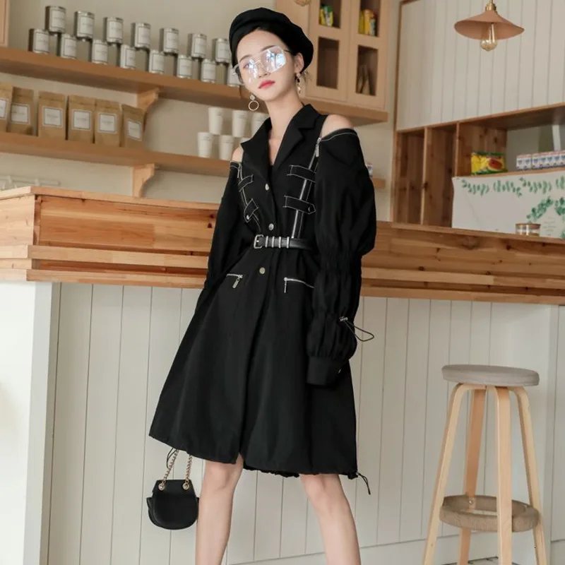

[LANMREM] 2019 autumn and winter new products Fashion irregular long zipper pocket lantern sleeve black windbreaker female PA491