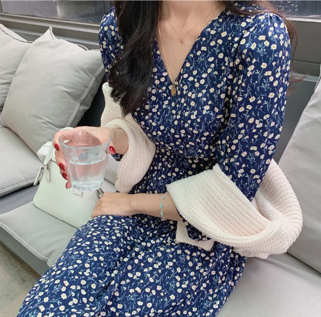 Little Flower Print Blue Dress One Piece V Neck Puff Sleeve Vintage Long Dress Spring Autumn Robe Longue Vestido Largo Vestiti