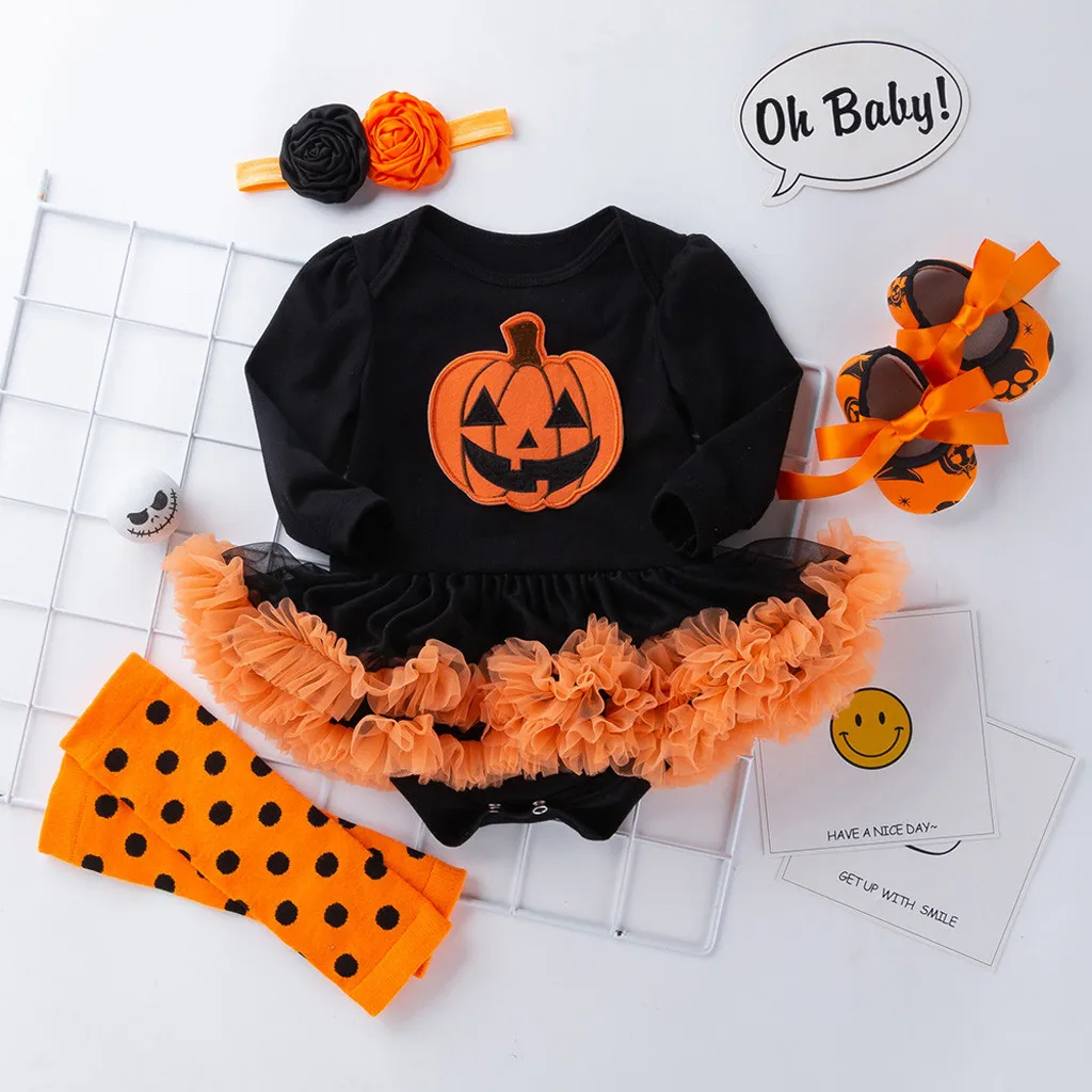 

infant clothes Toddler Baby Girls Halloween Pumpkin Romper Dress Hairband Shoes Stocking Set fall baby sets my first halloween