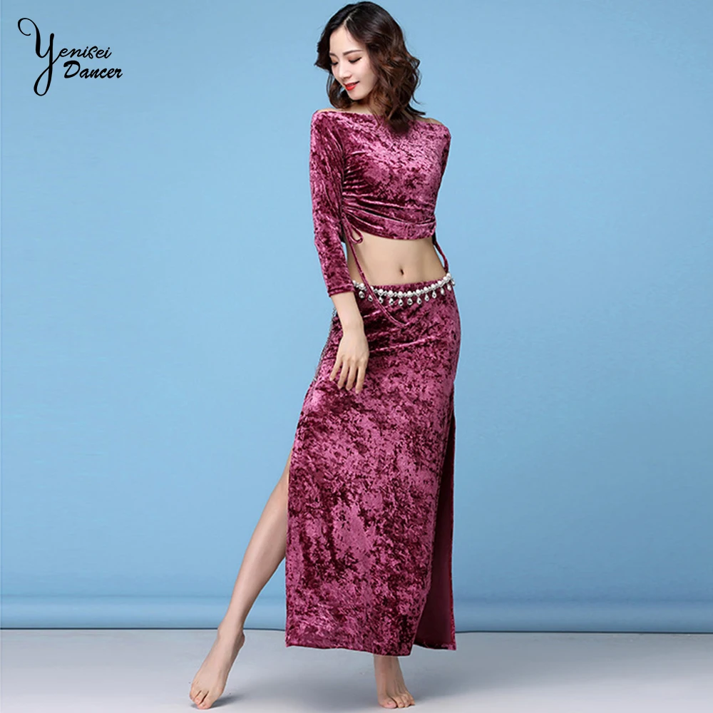 

Spring Autumn New Belly Dance Velvet Performance Costume Long Sleeve Off Shoulder Tops Adult Bellydance Skirt Split Long New