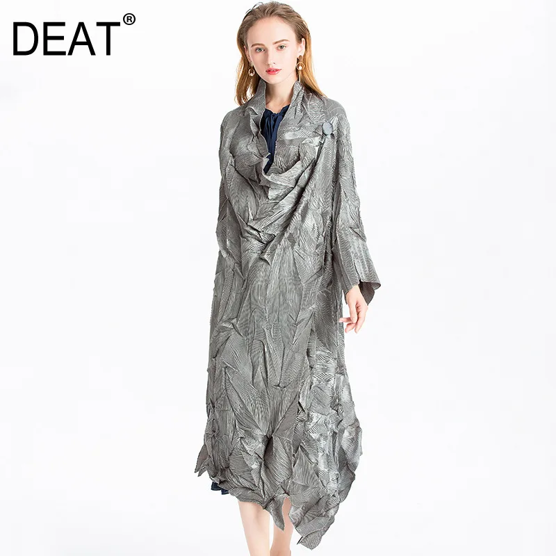 

[DEAT] 2019 Autumn New Pattern Fashion Long Irregular Pleated High-end Large Size Full Sleeve Women Windbreaker Coat AI413