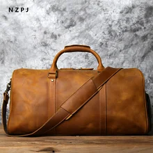 Nzpj masculino retro bolsa de viagem de couro primeira camada de couro grande-capacidade de viagem de negócios bolsa de ombro saco do mensageiro