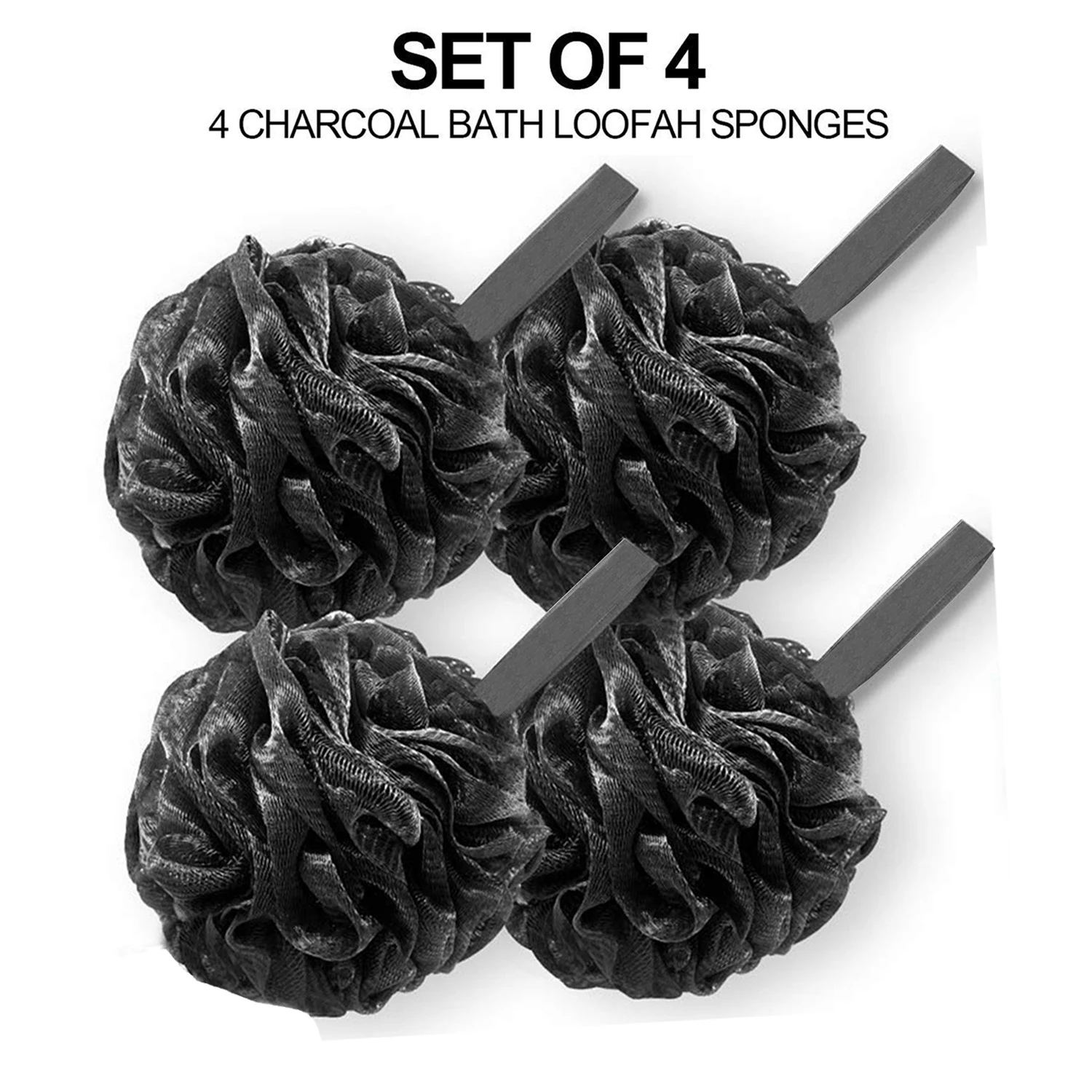 Shower Puff 4 Pack Black Bath Sponge Shower Loofahs Pouf Ball Nature