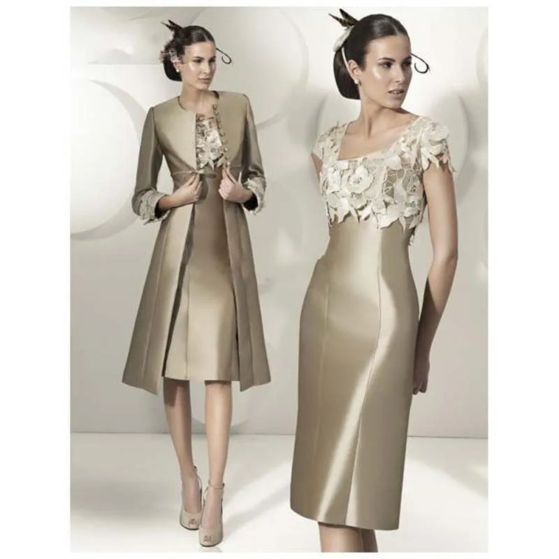 

Elegant Sheath Lace Satin Mother Of The Bride Dress Knee-Length Party Mother's Dresses With Jacket Wedding Guest Dress