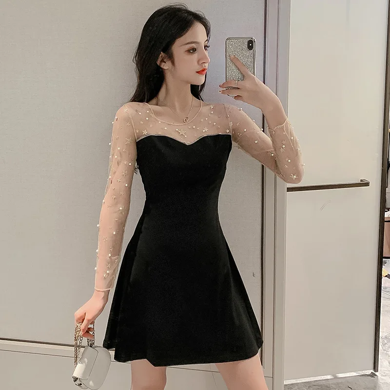 

(Photo Shoot) 201 Autumn And Winter Gauze Joint Star Beads Sexy Mini Dress Dress