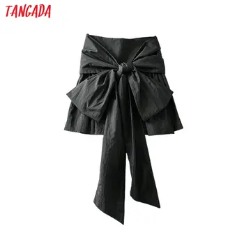 

Tangada women black bow tie mini skirt faldas mujer vintage side zipper ladies sexy short calf skirts 6A162