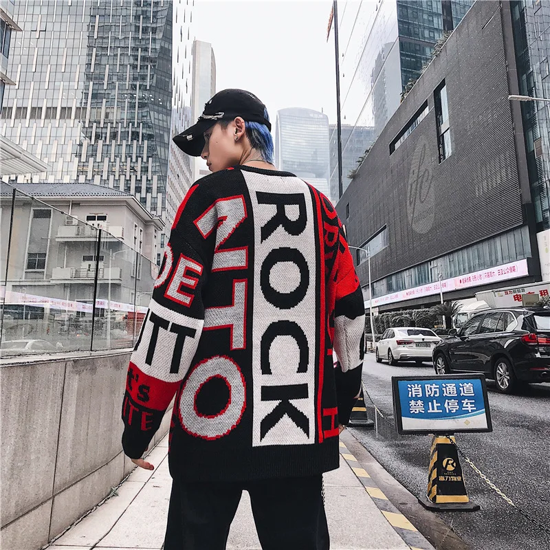 Японский стиль трикотажные мужские свитера Harajuku уличная забавная печать хип хоп пуловеры вязаный черный свитер