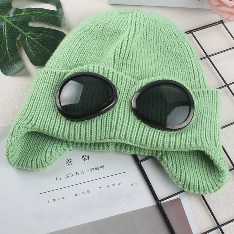 Moveable Glasses Warm Fleece Lined Women Snow Hat Knitted Winter Cap Cover Ears Orange Yellow Purple Blue Black White Green - Цвет: Зеленый