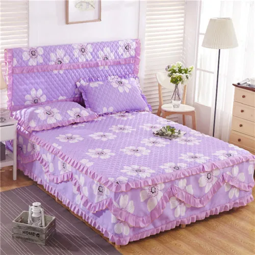 purple flower Стеганое покрывало и Набор наволочек 3 шт./компл. хлопок уплотненная кровать юбка+ 2 наволочки мягкий чехол для кровати хлопок домашняя кровать пыль оборки - Цвет: purple flower