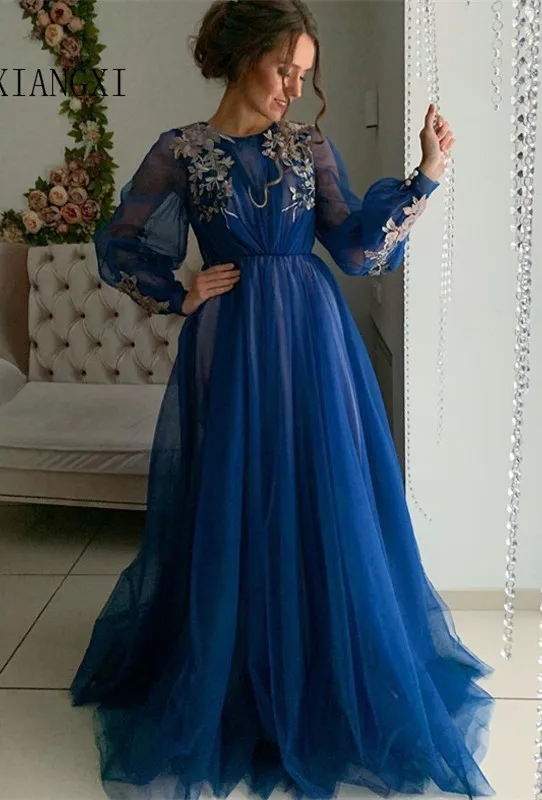 As image Blue Vestidos ярко-синие вечерние платья Длинные трапециевидные Длинные рукава кружевные аппликации Длина до пола вечернее платье Формальные Вечерние платья - Цвет: As image Blue