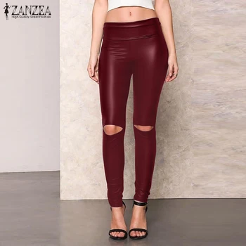 

2020 Summer Stretch Long Pantalon ZANZEA Fashion Solid Party Skinny Trousers Women Sexy Hole PU Leather Pencil Pants Streetwear