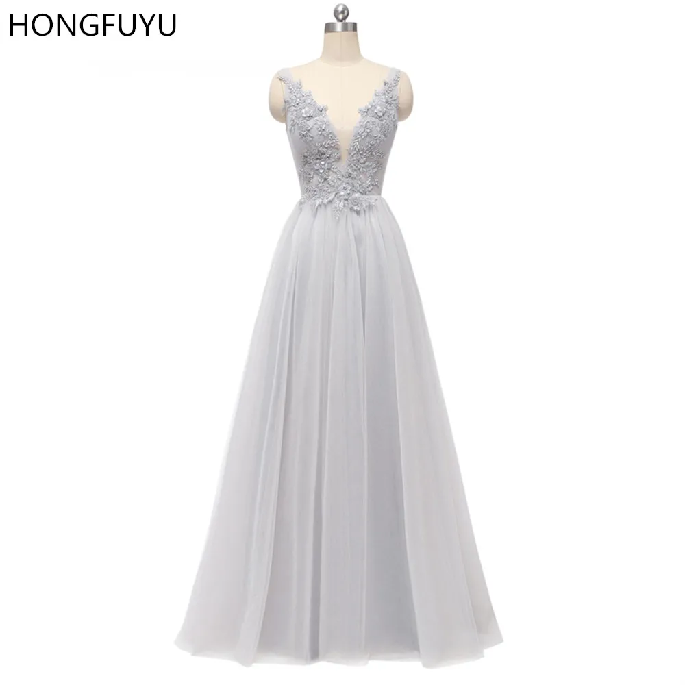 

HONGFUYU Elegant Tulle Illusion V Neck Prom Dresses Floral Beading A-line Women's Evening Dresses Long Party Gowns Lace Up Back