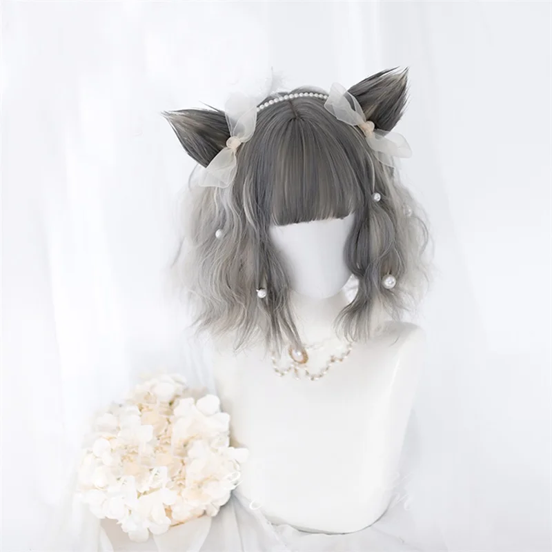 bun and wig Женский популярный многоцветный милый японский Лолита Хэллоуин Рождество синтетический короткий кудрявый парик+ шапка - Цвет: bun and wig