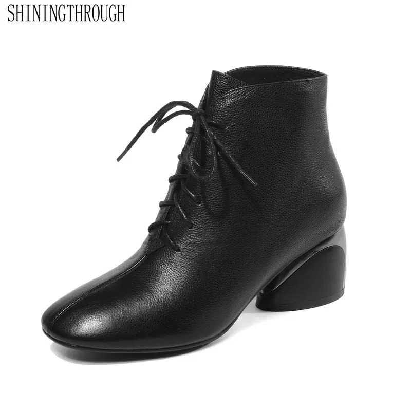 

Genuine Leather Women Ankle Women Boots Fashion Cross-tied High Heel Women Shoes Spring Autumn Party Dancing Lladies Shoes