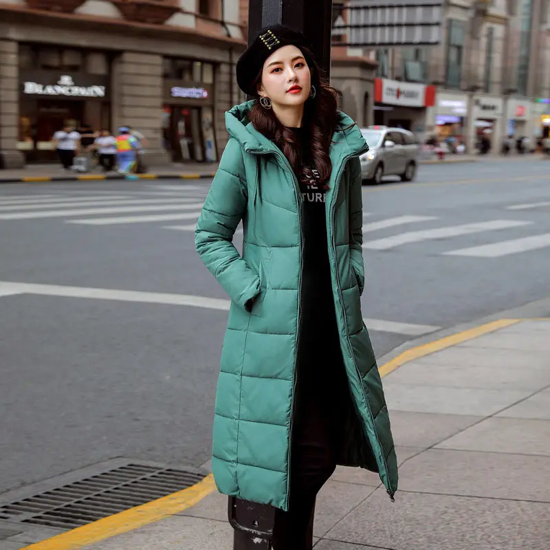 Новая зимняя куртка, Женское пальто, одноцветная тонкая Длинная зимняя женская куртка, ветрозащитная Женская парка с капюшоном размера плюс M-5XL - Цвет: Green