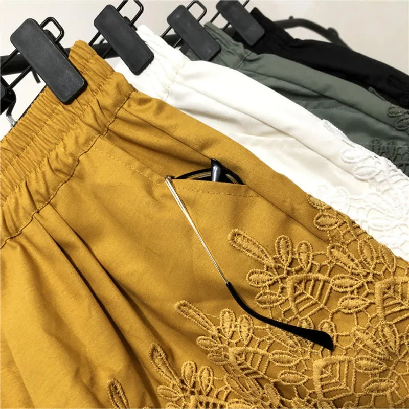 Spring Summer Lace Shorts Women Clothes Casual Harajuku High Waist Mini Shorts Feminino Loose Straight Wide Leg Shorts Q4014