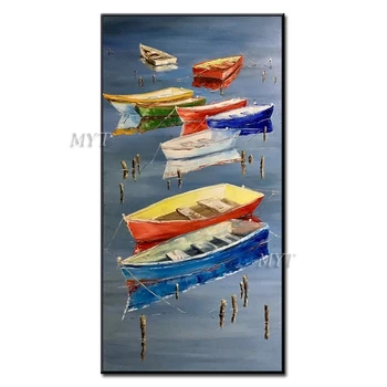 

Frameless Handmade Amazing Art Knife Oil Paintings on Canvas Yellow Sunrise Light Bloom Sea Landscape Painting Boat Picture