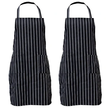 

2 Pack Stripe Bib Apron with Pockets Black Cooking Kitchen Chef Apron Gift for Women Men - 30.3 Inch Length By 24 Inch Width