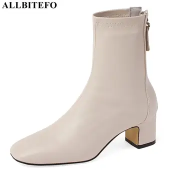 

ALLBITEFO square toe genuine leather+Elastic material thick heels women boots high heels ankle boots for women rain boots
