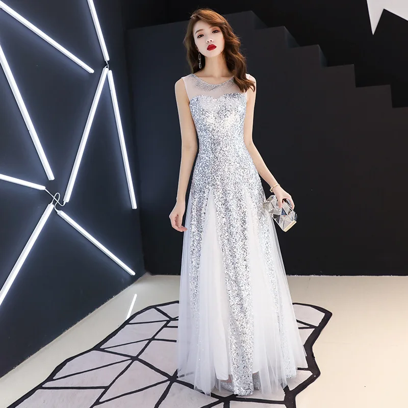 

Silver Sequined Long Prom Dress 2019 ES2690-1 Elegant A Line O Neck Sleeveless Tulle Evening Party Gowns Vestido De Fiesta Noche