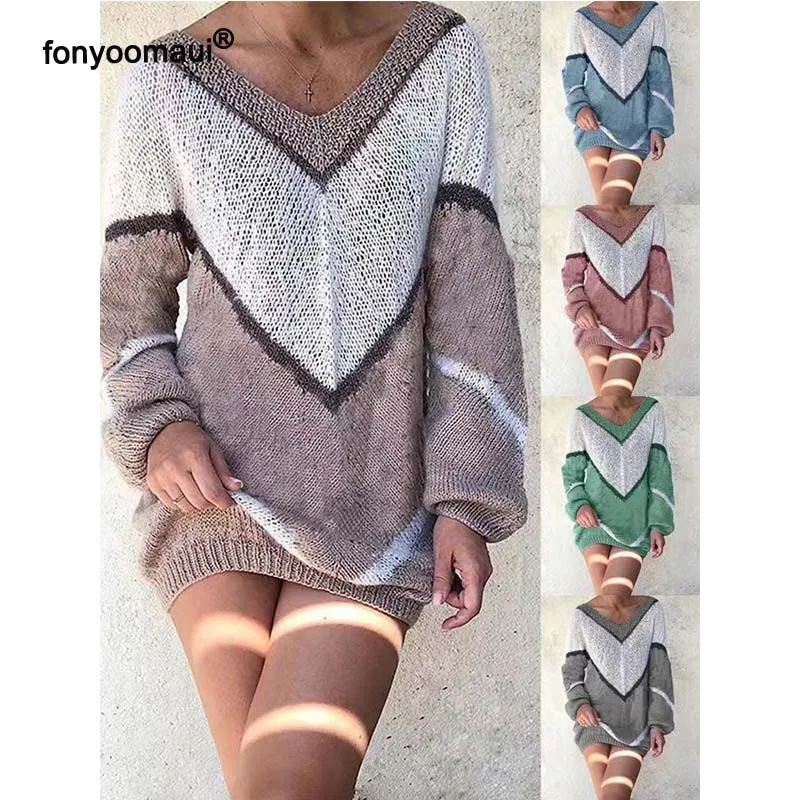 

Autumn Winter Plus Size Cut Sew Colorblock V Neck Sweater For Women Contrast Splicing Color Loose Pullover Female Tops Sweaters