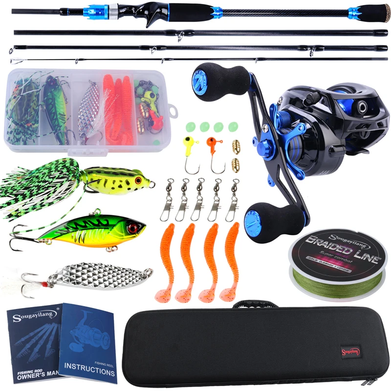 Sougayilang Portable Fishing Tackle Rod Bag Combo 4 Section Carbon Fiber Baitcsting Rod 10BB Reel Fishing Line Lures Hooks Combo