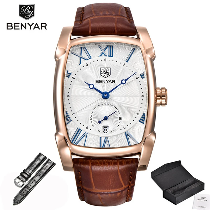 Gold White Benyar, роскошная фирма, кварцевые мужские часы, фирменные мужские военные, кожа, мужские спортивные часы, час, дата, водонепроницаемые, мужские часы - Цвет: Gold White