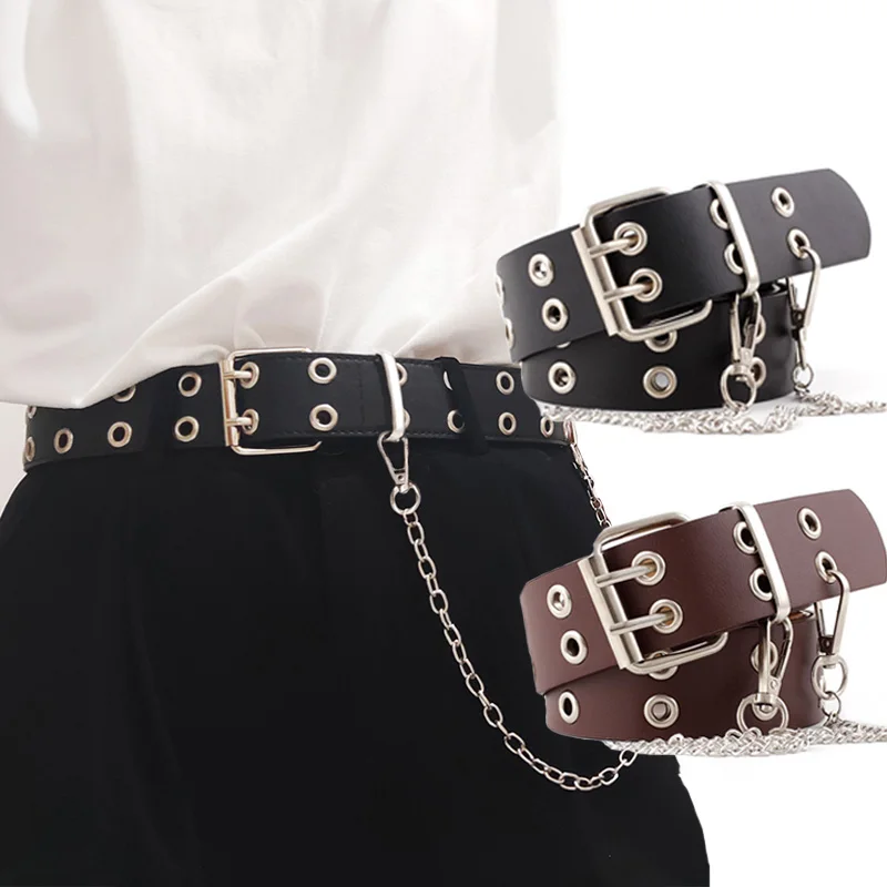 

Punk PU Leather Waist Belt New Hip-hop Fashion Pin Buckle Black Adjustable Waistband With Chain For Ladies Girls Women Jeans Z15