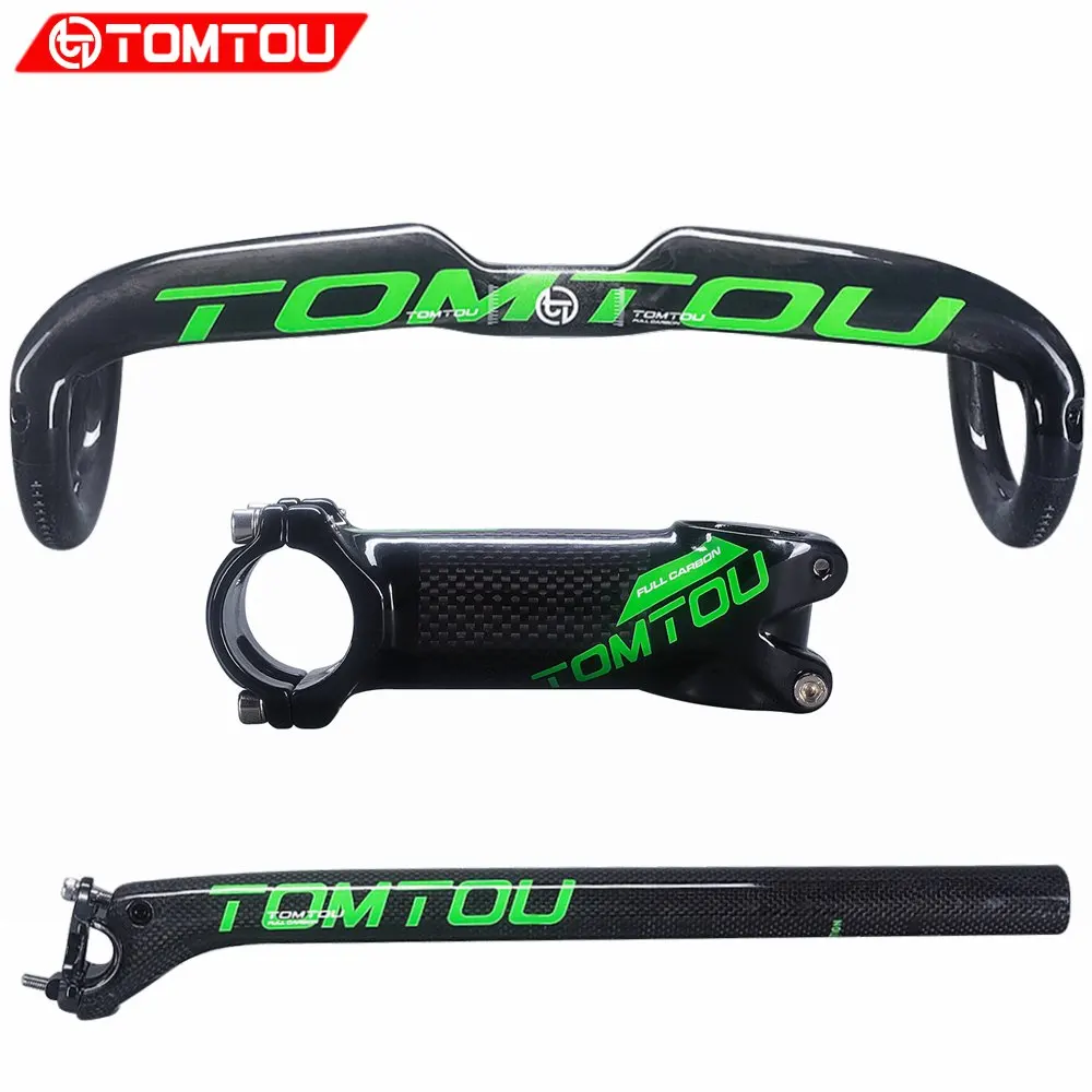 TOMTOU Carbon Fibre Road Bicycle Handlebar+ Seat Tube+ Stem Carbon Aero Handlebar Sets Bike Parts Glossy Green- TS4T15