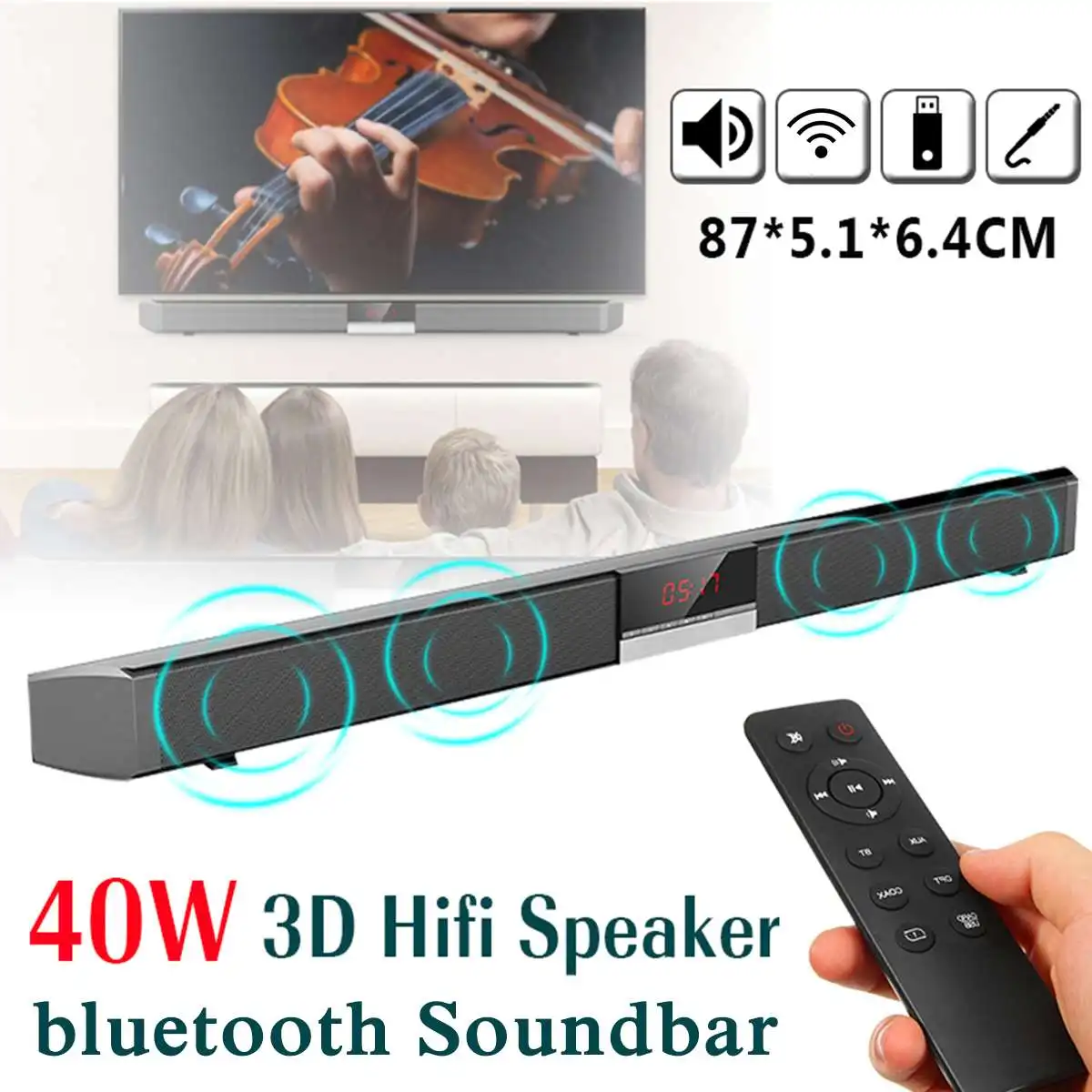 Беспроводной Bluetooth Саундбар динамик 40 Вт домашний настенный домашний кинотеатр ТВ AUX коаксиальный светодиодный дисплей сабвуфер динамик s - Цвет: AU Plug