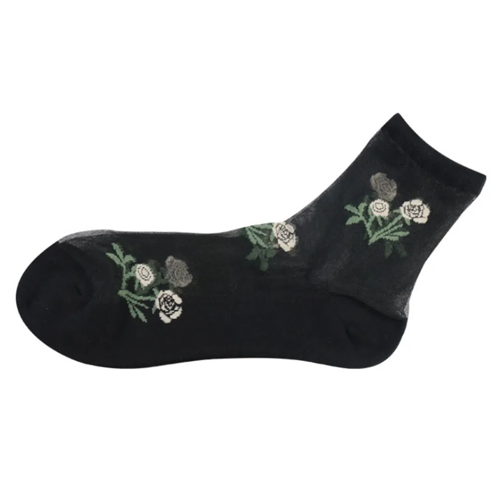 1 пара ажурных женских носков с розами кружевные мягкие удобные прозрачные шелковые эластичные сетчатые вязаные прозрачные носки с оборкой - Цвет: black