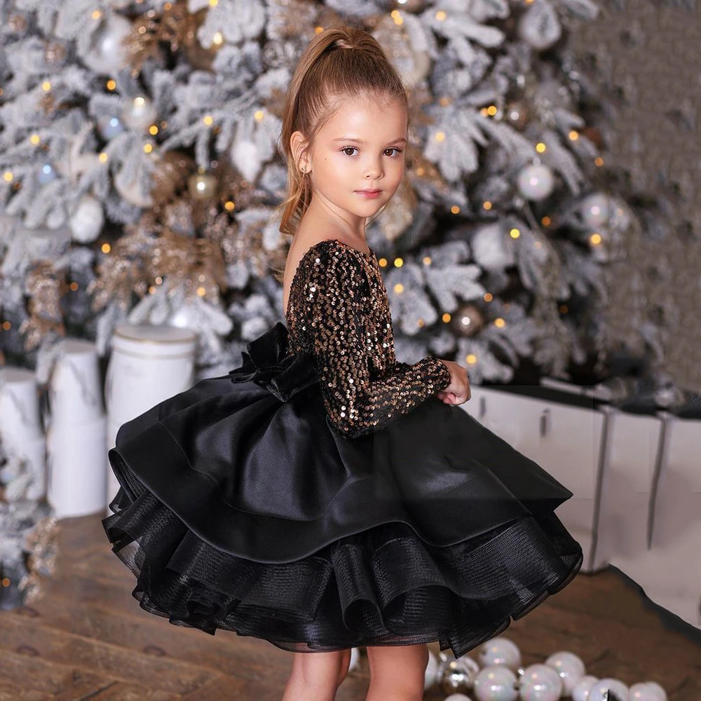 Vestido flores con lentejuelas doradas para manga larga, Espalda descubierta, cuello redondo, volantes, escalonados, negro, para fiesta, Navidad, desfile|Vestidos floreados de niña| - AliExpress