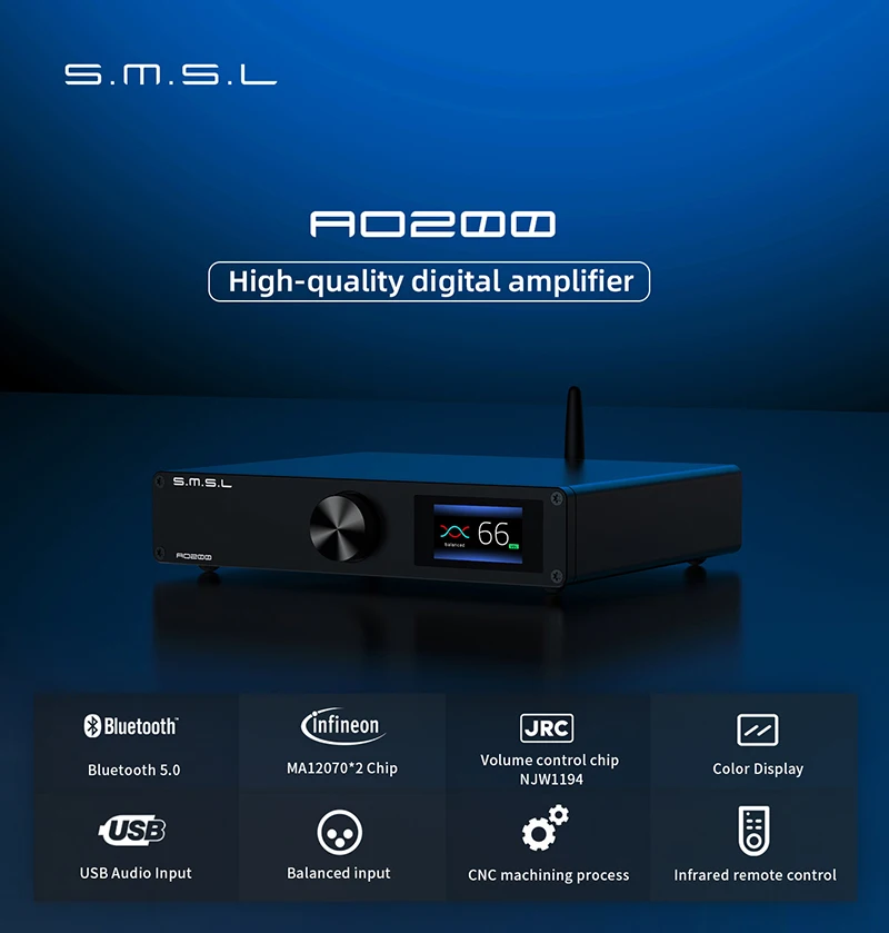 SMSL AO200 digital amplifier bluetooth 5.0 balanced input USB decoding XLR speaker output subwoofer preout 150W*2 hifi amp