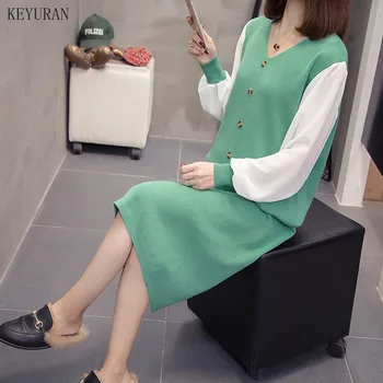

Spring Fall Women Elegant Button Patchwork Pullover Sweater Crop Tops + Skirt 2 Piece Set Knitted Midi Dress Loose Sweater Suit