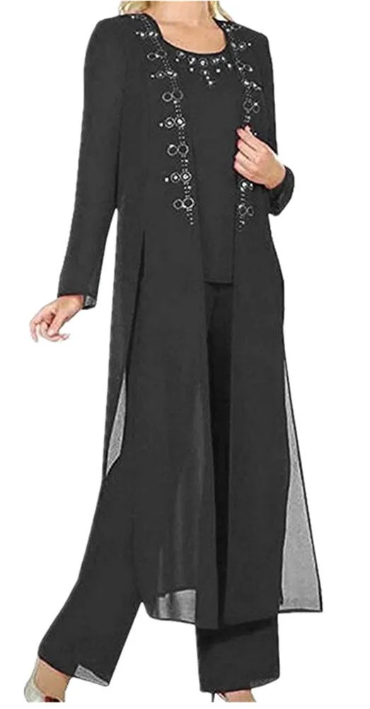 Черный шифоновый костюм из 3 предметов для мамы невесты размера плюс, брючный костюм 3/4, костюм для мамы с длинным рукавом и короткой шифоновой курткой для свадьбы