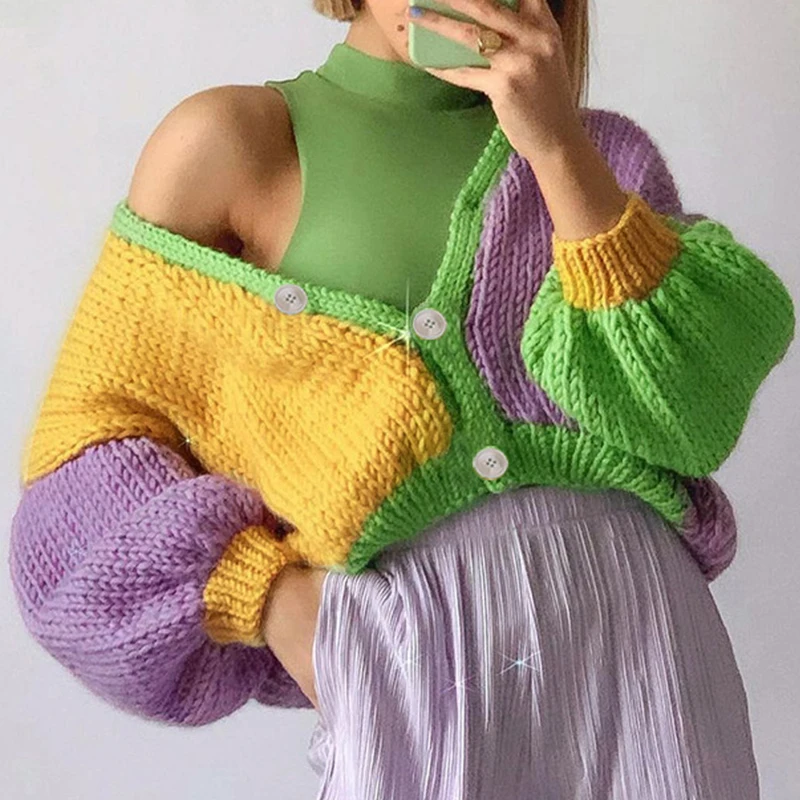Color Block Knit Cardigan Chunky Lilac 