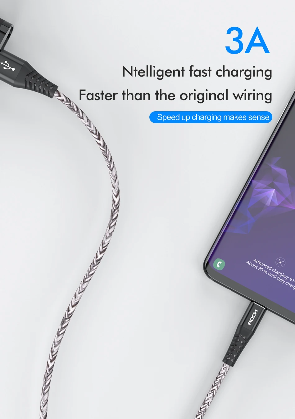 ROCK 3A QC 3,0 usb type C кабель для samsung S10 huawei P30 Pro Xiaomi Быстрая зарядка type-C кабель для зарядного устройства мобильного телефона USB C