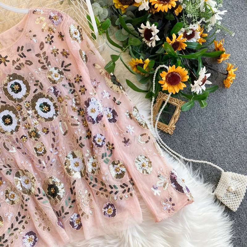 Neploe винтажные женские топы Blusas Seuins с бисером и цветочной вышивкой модные Blingbling блузки с длинным рукавом Корейская рубашка 56609
