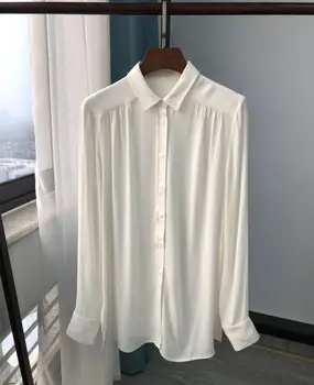 

Ladies Minimalist Twill Viscose Bloues Office Single-breasted Women Office Casual Shirts Top Shoulder Pleated Clothing