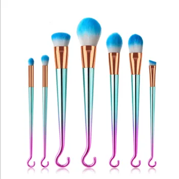 

7 Pcs Makeup Brush Kit Fan-shaped Brush Round Hook Pink Green Gradient Makeup Tools