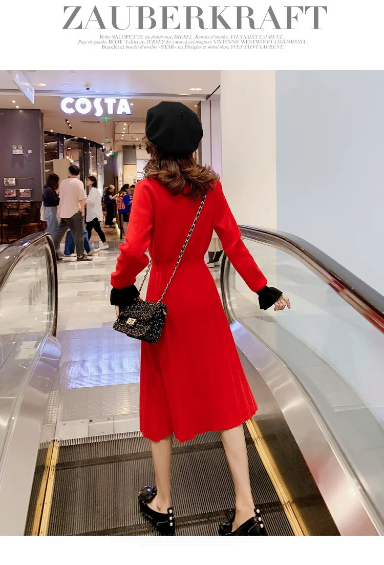 Winter Solid Color Pregnant Women Long Flare Seeve Pleated KnittedDress Sweet Peter Pan Collar Maternity Empire Dress Wholesale
